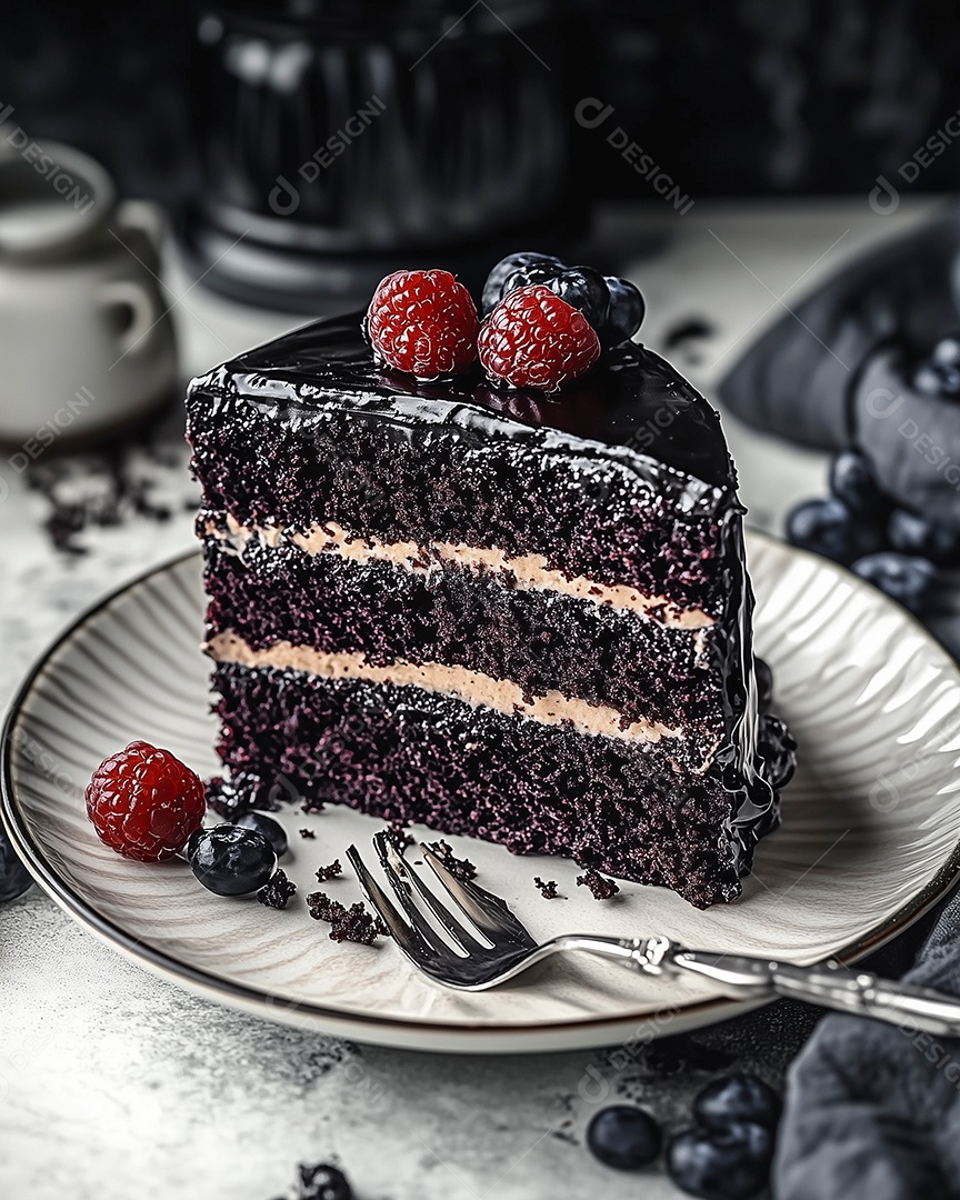 Belo bolo de negresco com cobertura de frutas vermelhas em prato sobre mesa de marmore