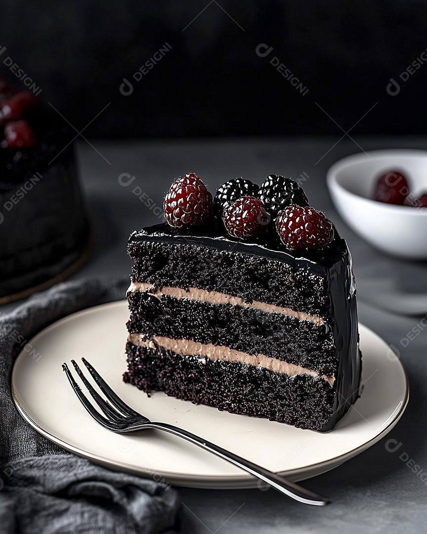 Belo bolo de negresco com cobertura de frutas vermelhas em prato sobre mesa de marmore