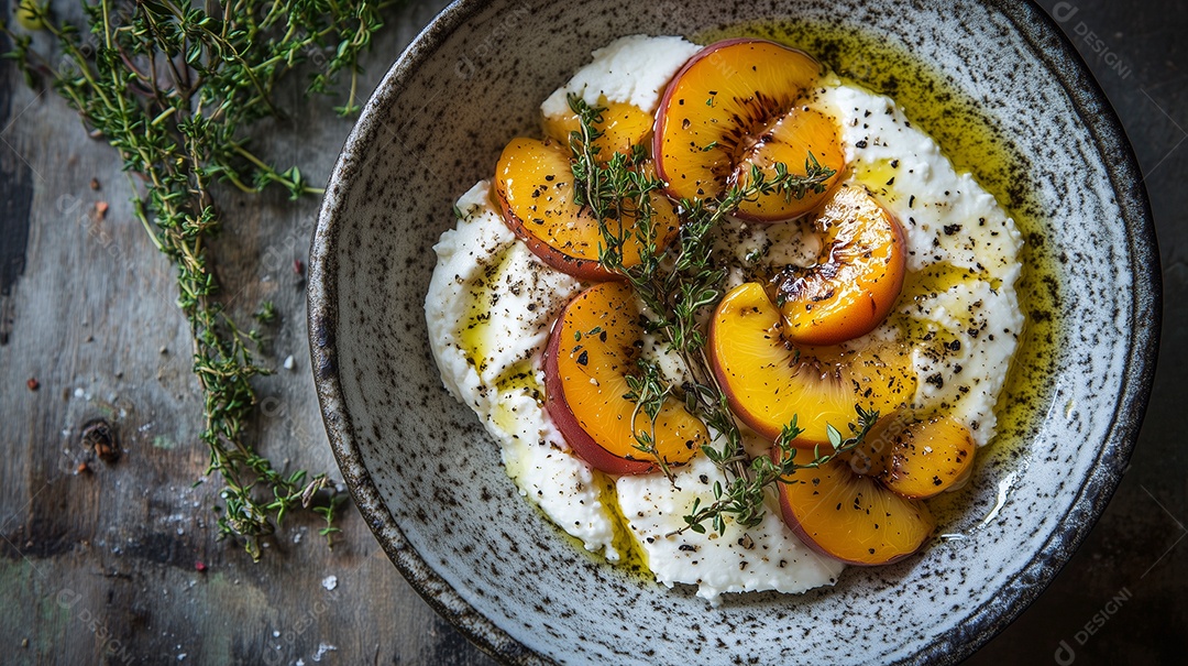 Belo queijo coalho com pêssego e alecrim em panela sobre mesa de madeira