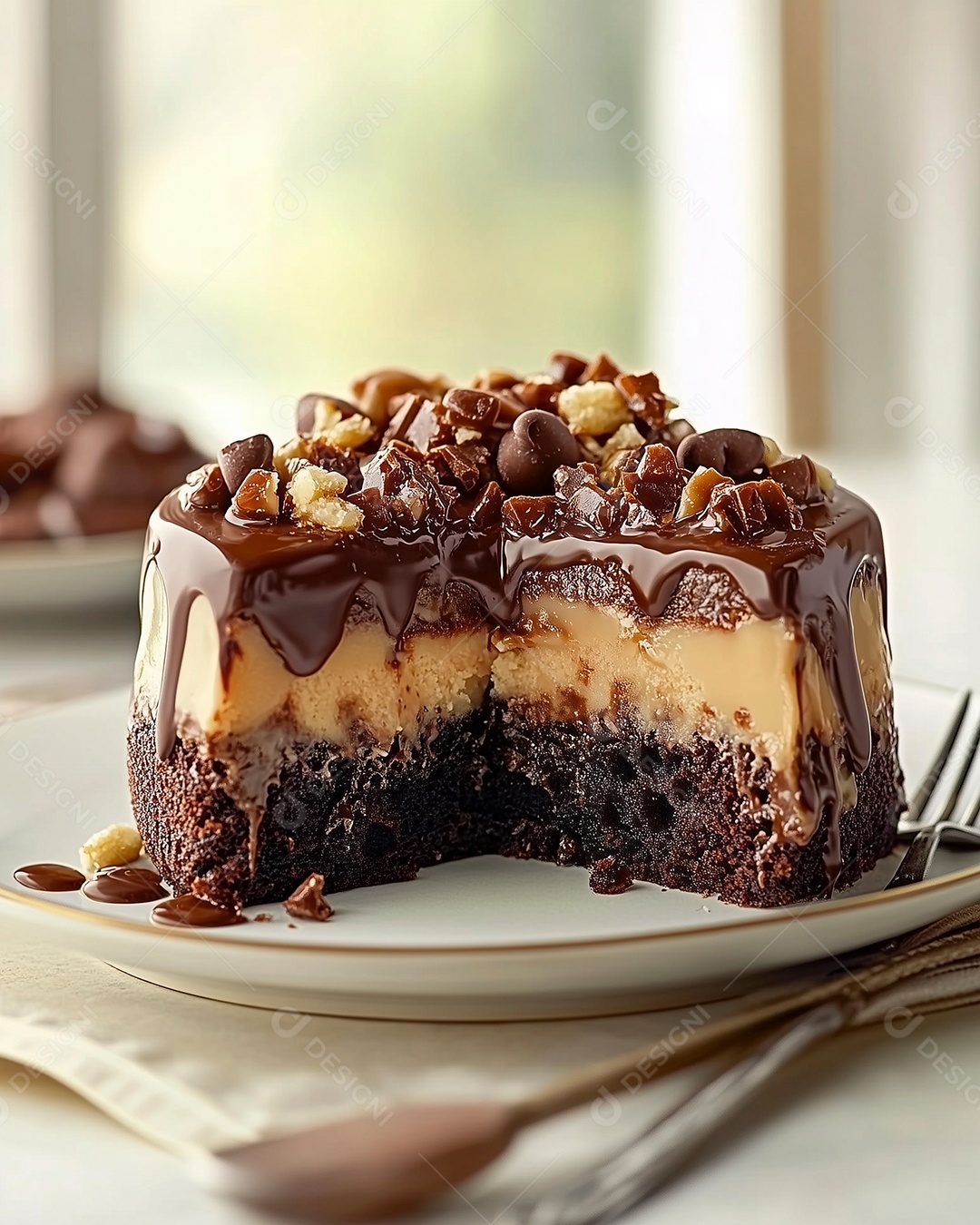 Belo bolo com cobertura de chocolate com nozes em prato sobre mesa de madeira
