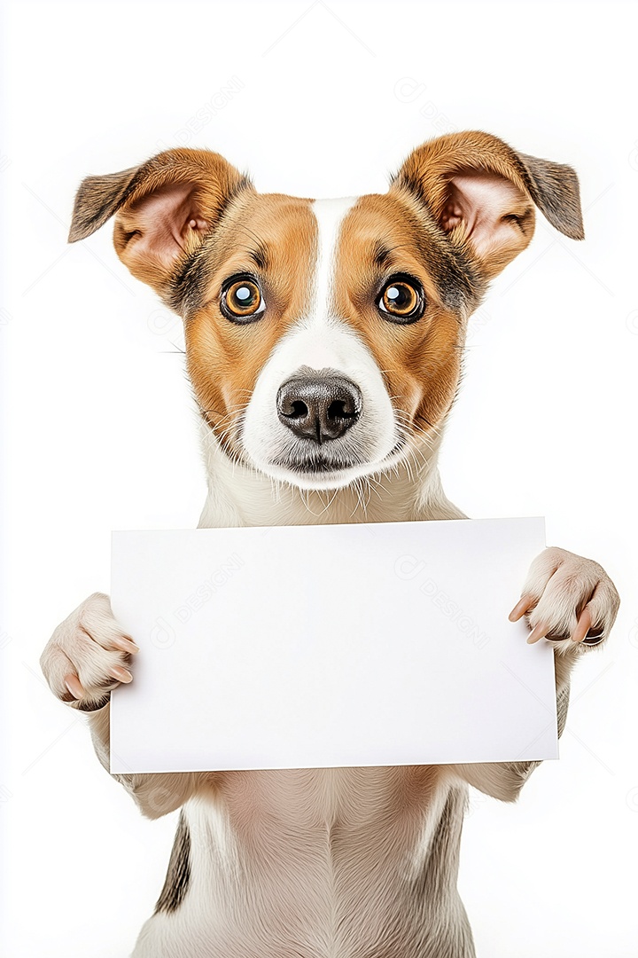 Lindo cachorrinho segurando cartão em branco sobre fundo branco isolado
