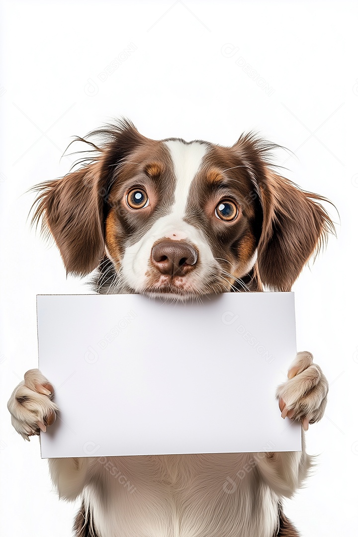 Lindo cachorrinho segurando cartão em branco sobre fundo branco isolado