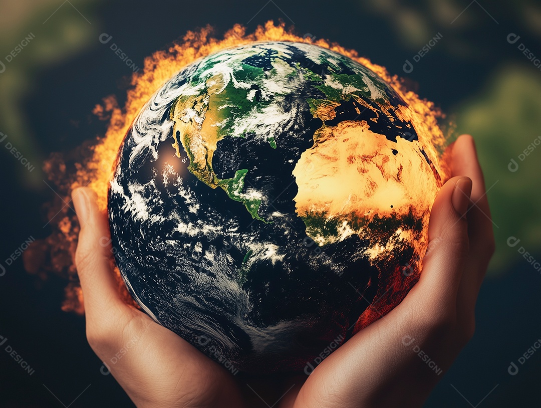 Terra em fogo em uma mão mudança climática e aquecimento global sobre fundo isolado