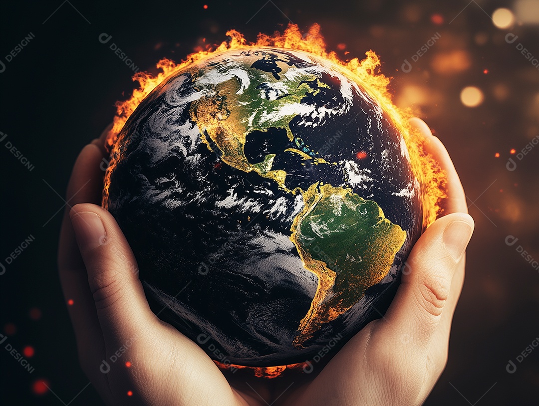 Terra em fogo em uma mão mudança climática e aquecimento global sobre fundo isolado