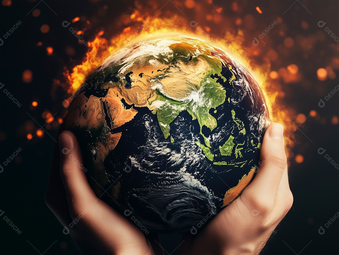 Terra em fogo em uma mão mudança climática e aquecimento global sobre fundo isolado