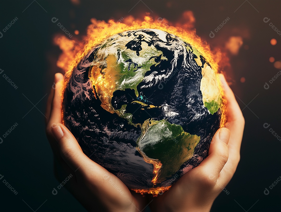 Terra em fogo em uma mão mudança climática e aquecimento global sobre fundo isolado