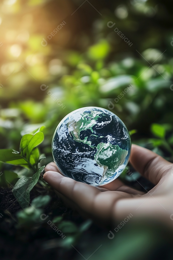 Um globo do mundo nas mãos sobre fundo de natureza