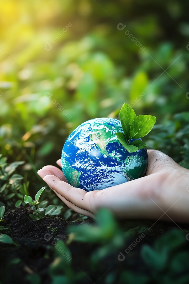 Um globo do mundo nas mãos sobre fundo de natureza