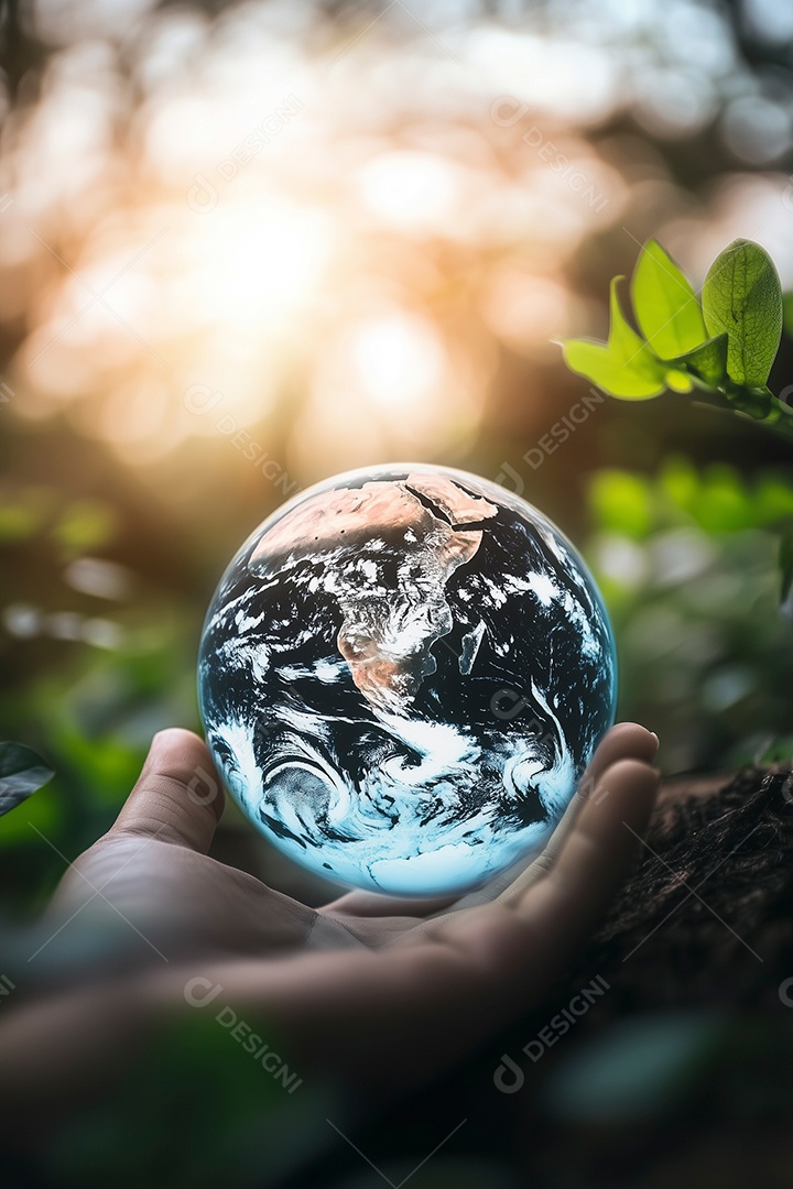 Um globo do mundo nas mãos sobre fundo de natureza