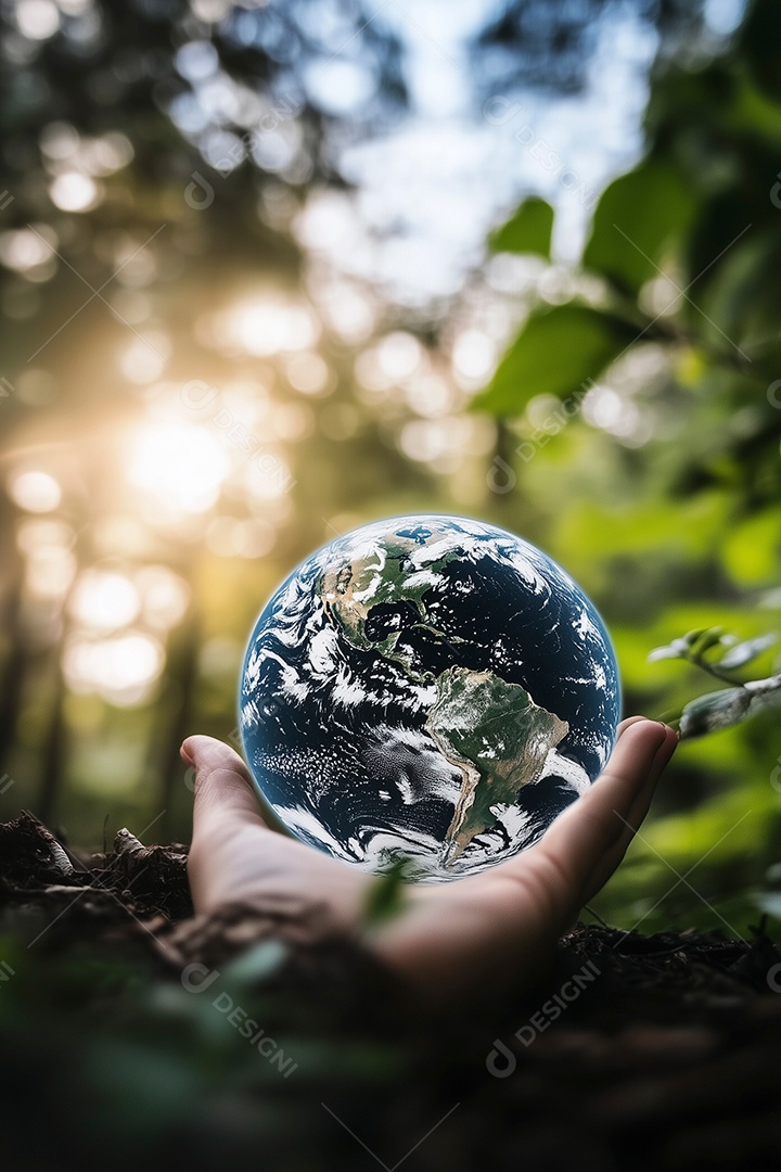 Um globo do mundo nas mãos sobre fundo de natureza
