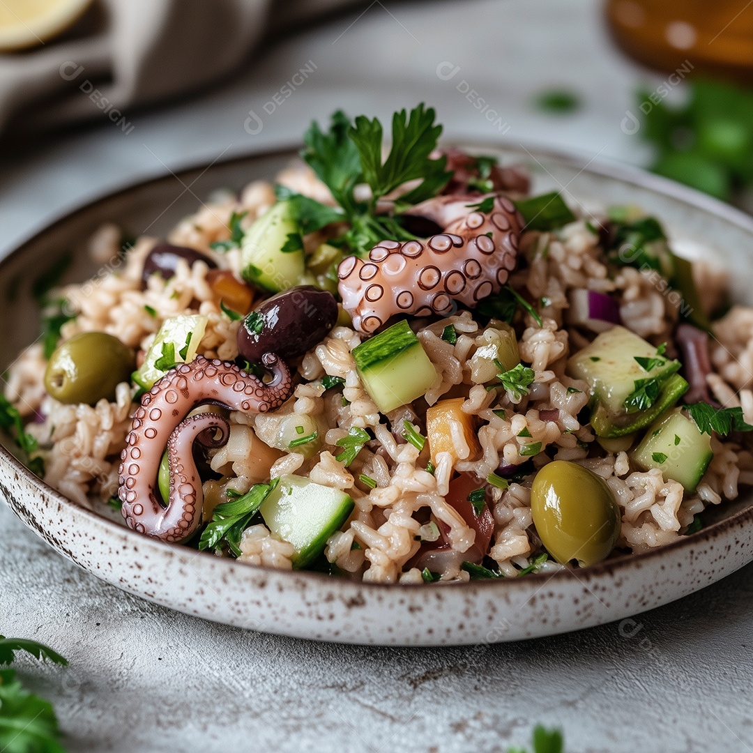 Delícioso jantar com arroz e lula com azeitona e salsa em prato sobre mesa de marmore