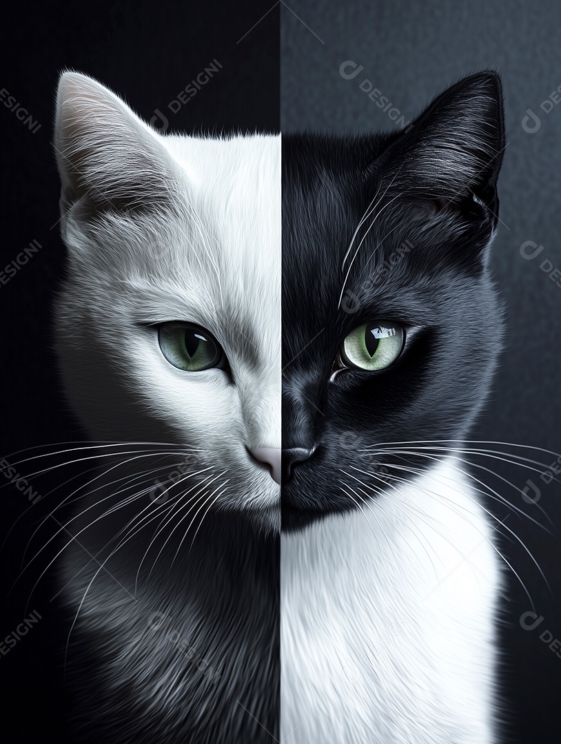 Um gato preto e branco com olhos verdes e uma mancha branca no rosto sobre fundo isolado