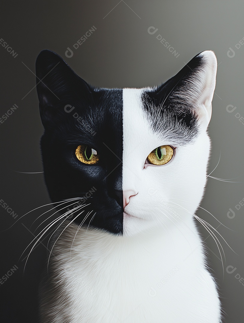 Um gato preto e branco com olhos verdes e uma mancha branca no rosto sobre fundo isolado