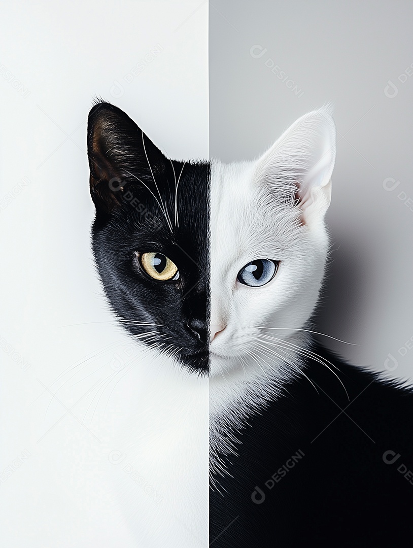 Um gato preto e branco com olhos verdes e uma mancha branca no rosto sobre fundo isolado