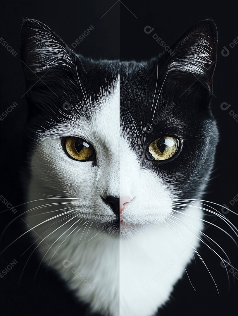 Um gato preto e branco com olhos verdes e uma mancha branca no rosto sobre fundo isolado