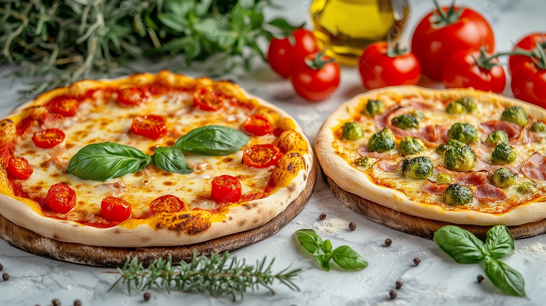 Delíciosas pizzas quatro queijo sobre mesa de marmore