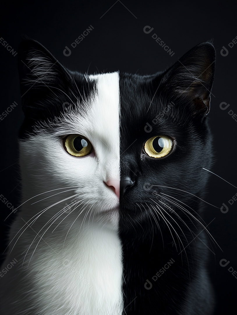 Um gato preto e branco com olhos verdes e uma mancha branca no rosto sobre fundo isolado