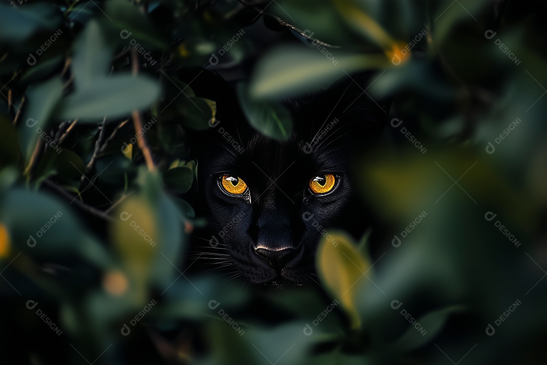 Lindo gato preto sobre natureza densa