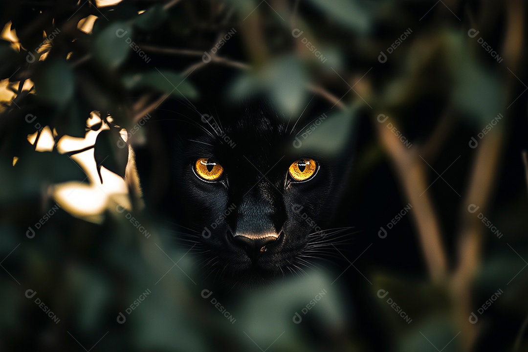 Lindo gato preto sobre natureza densa