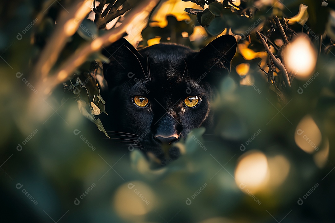 Lindo gato preto sobre natureza densa