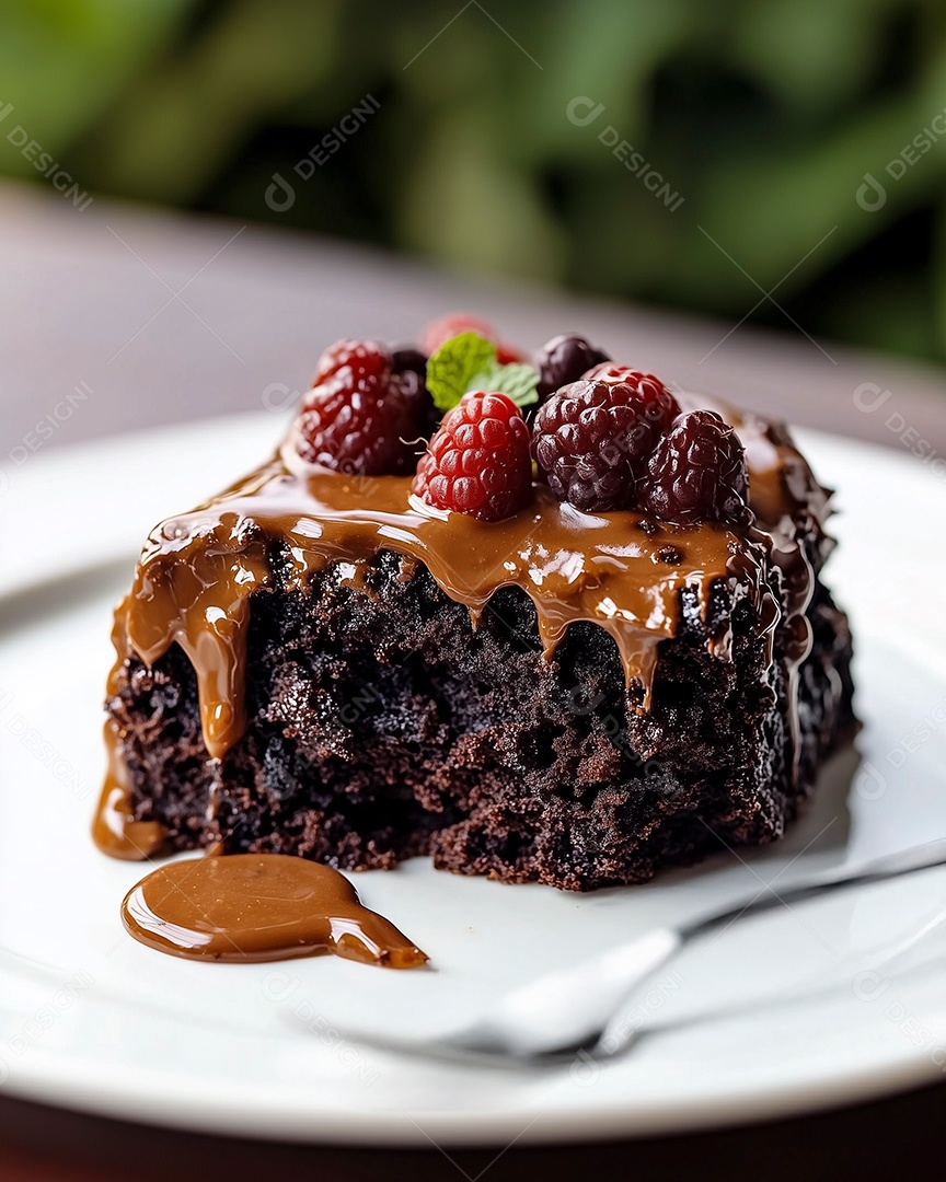 Belo bolo de chocolate com cobertura de frutas vermelhas em prato sobre mesa de marmore