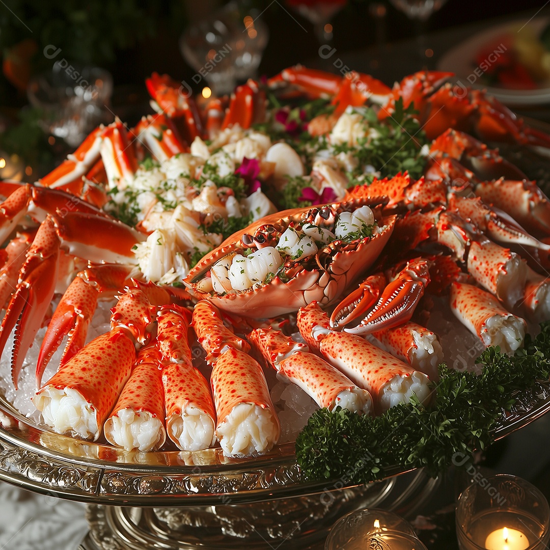 Lindos frutos do mar em bandeija sobre mesa de madeira