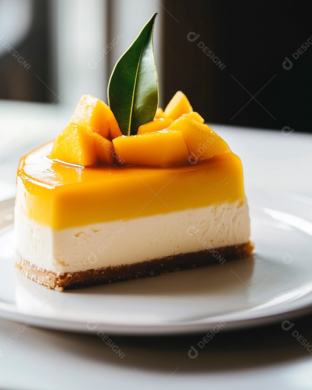 Delícioso bolo de pêssego em prato sobre mesa de marmore