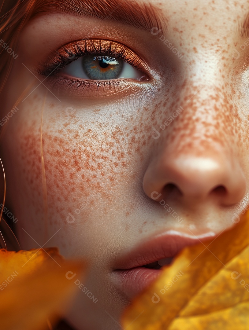 Linda foto meia face de mulher ruiva ao redor de folhas secas sobre fundo isolado