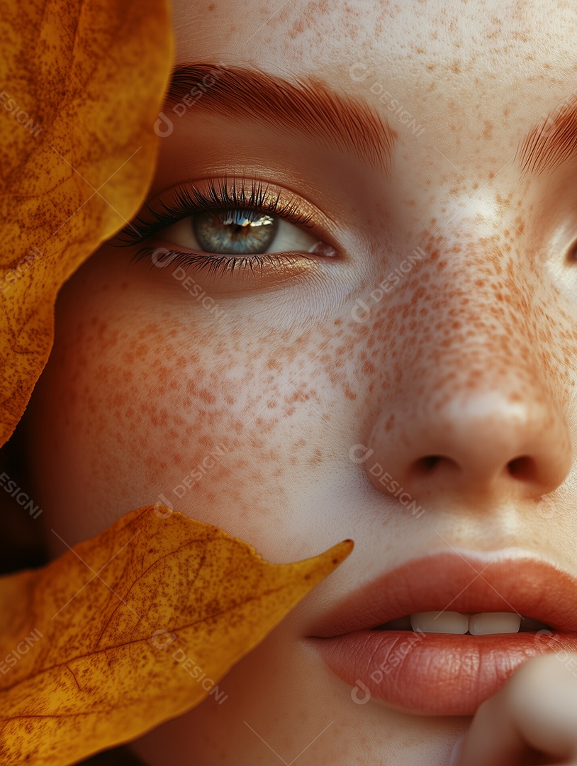 Linda foto meia face de mulher ruiva ao redor de folhas secas sobre fundo isolado