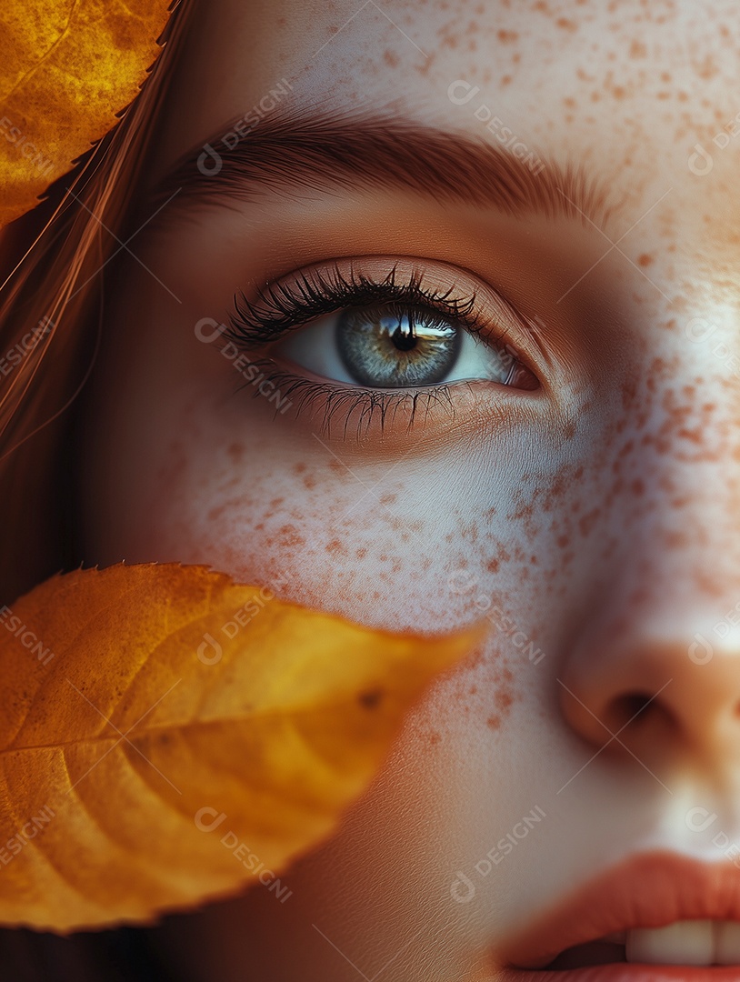 Linda foto meia face de mulher ruiva ao redor de folhas secas sobre fundo isolado