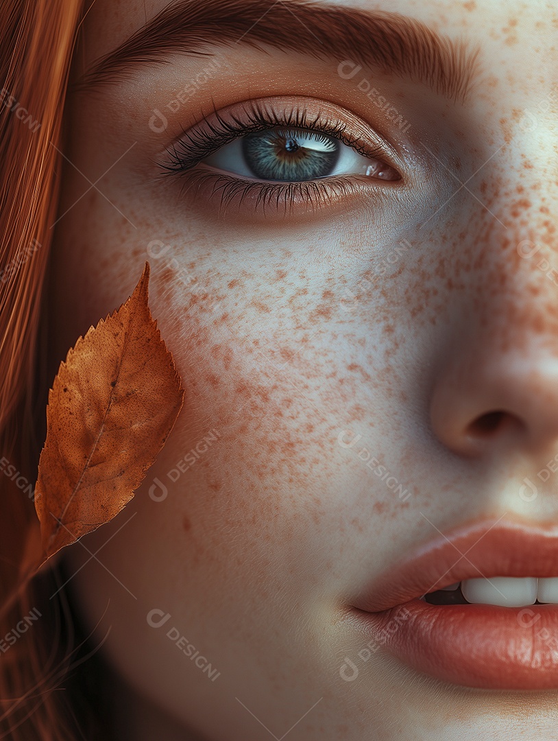 Linda foto meia face de mulher ruiva ao redor de folhas secas sobre fundo isolado