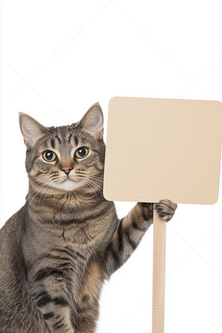 Lindo gatinho segurando placa em branco sobre fundo branco isolado