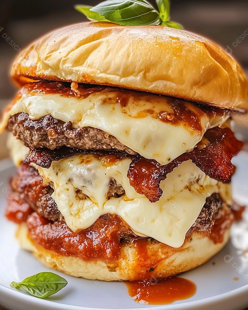 Belo hamburguer em um prato sobre fundo desfocado