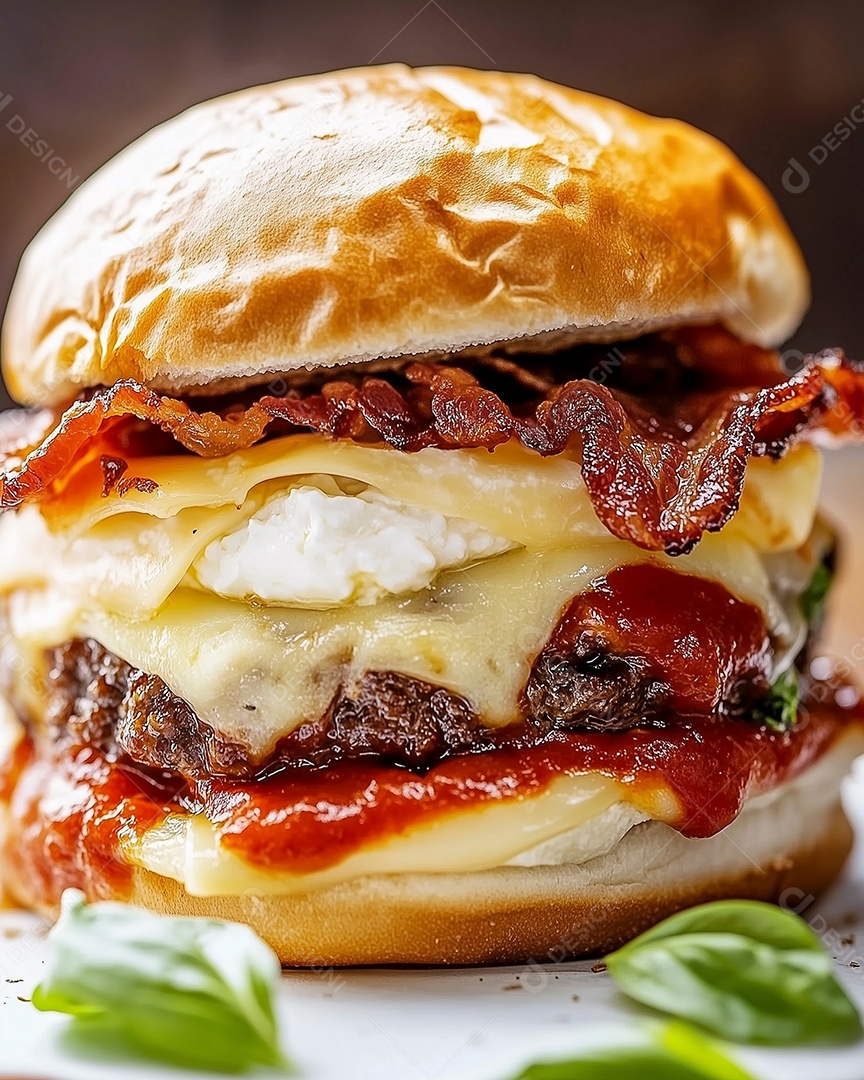 Belo hamburguer em um prato sobre fundo desfocado