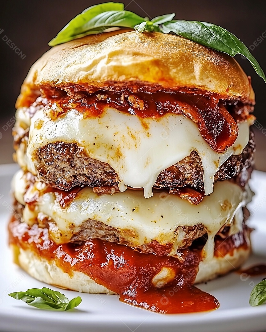 Belo hamburguer em um prato sobre fundo desfocado