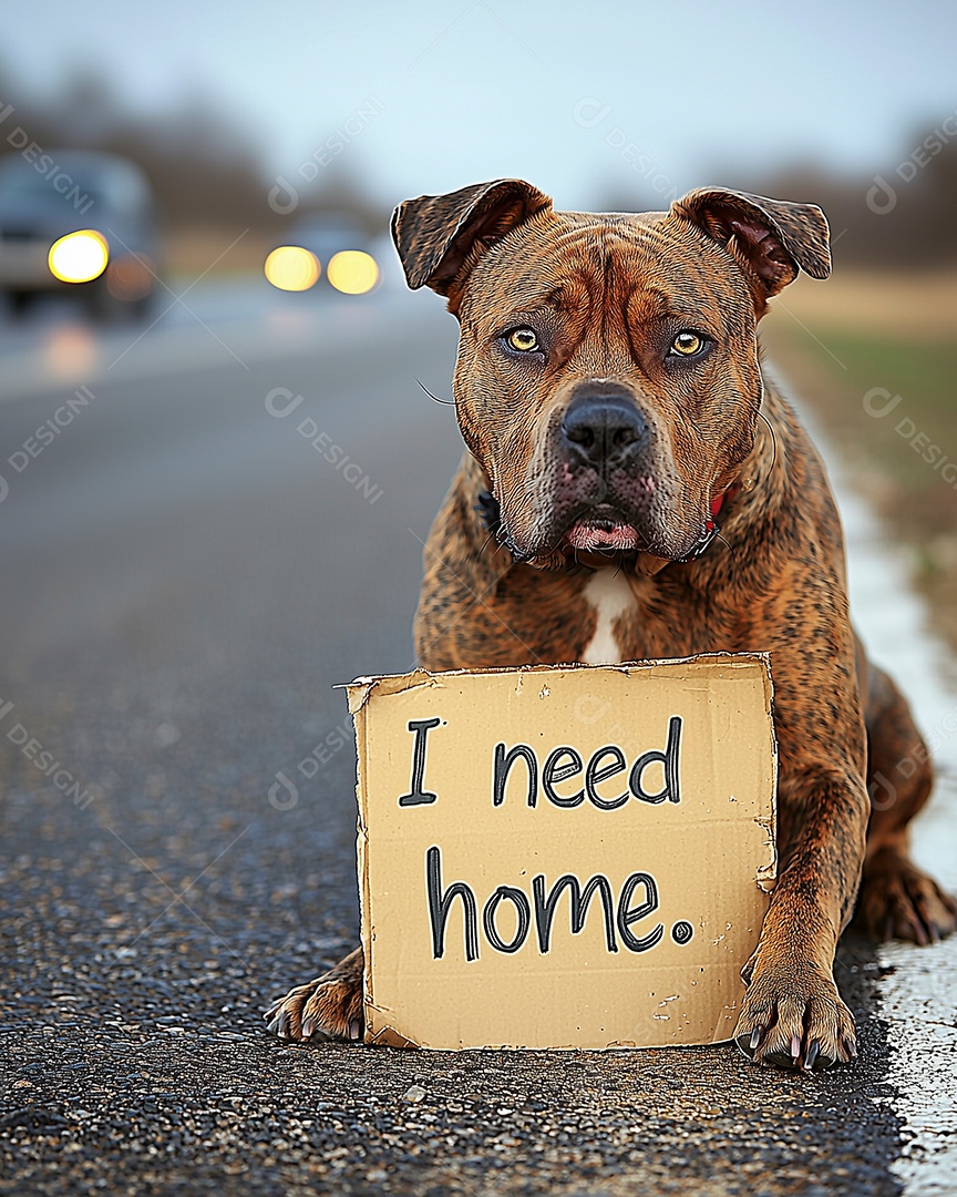 Lindo cachorro segurando placa a procura de um lá sobre uma avenida