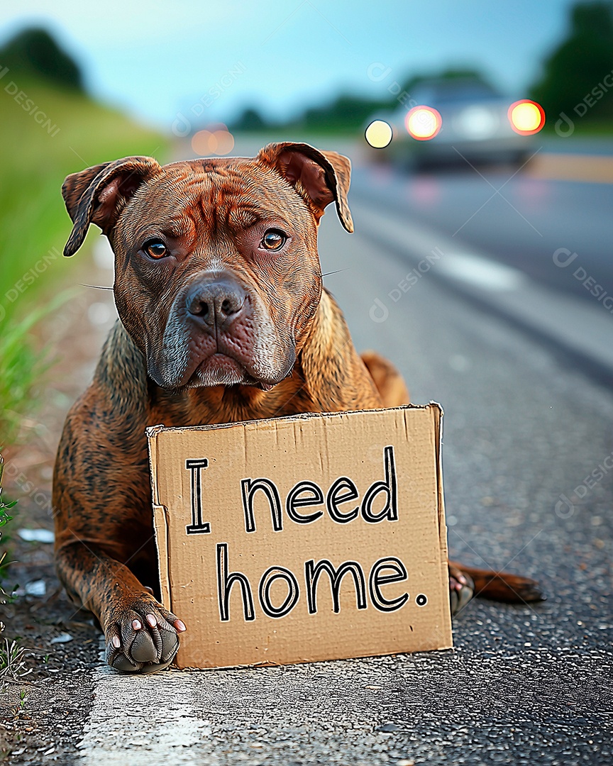 Lindo cachorro segurando placa a procura de um lá sobre uma avenida