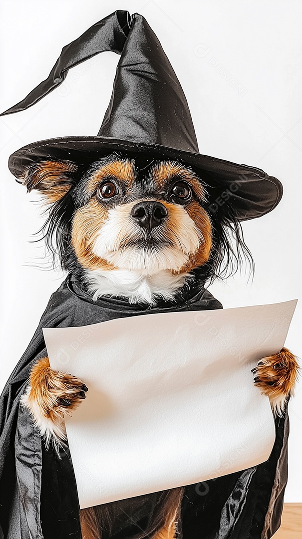 Lindo cachorrinho fantasiado segurando papel em branco sobre fundo branco isolado