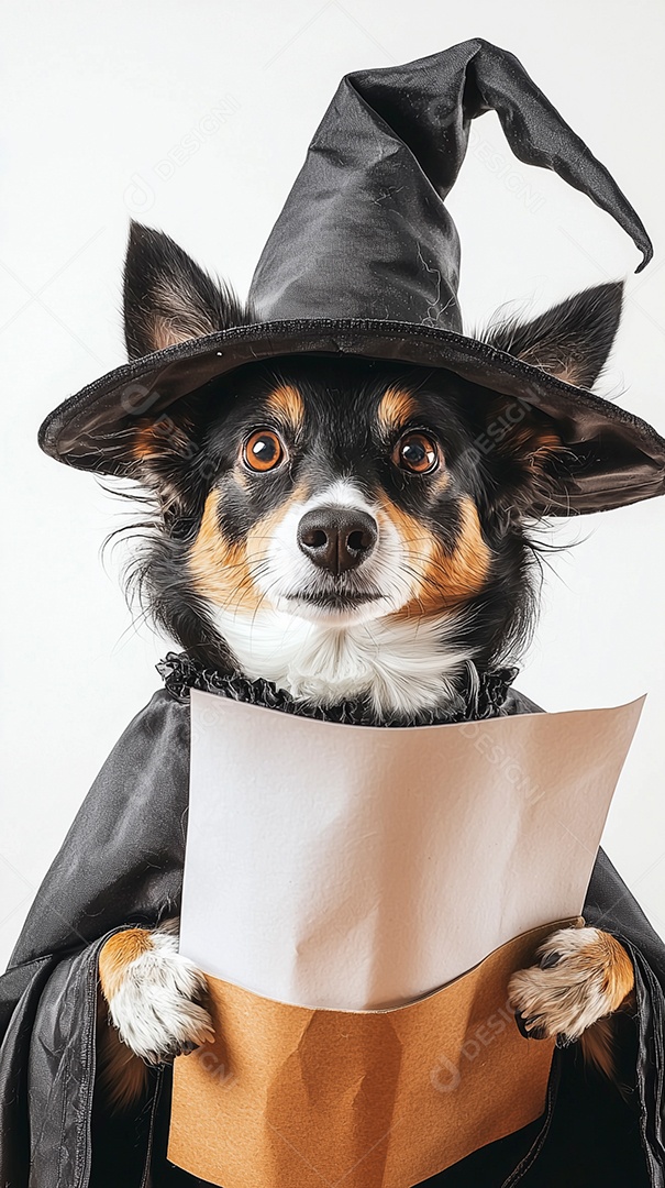 Lindo cachorrinho fantasiado segurando papel em branco sobre fundo branco isolado