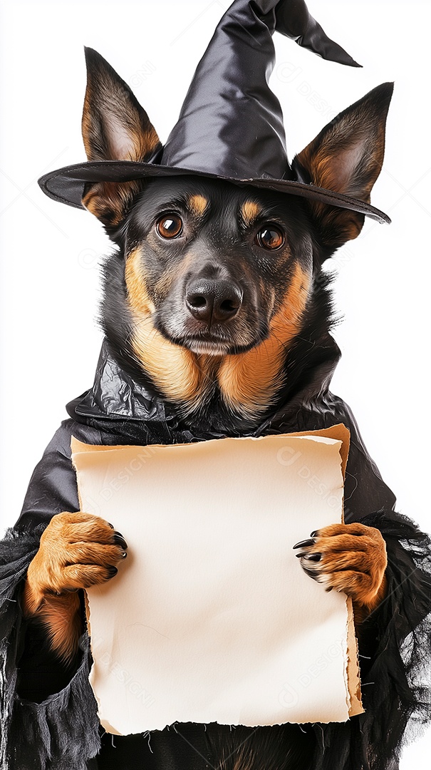 Lindo cachorrinho fantasiado segurando papel em branco sobre fundo branco isolado