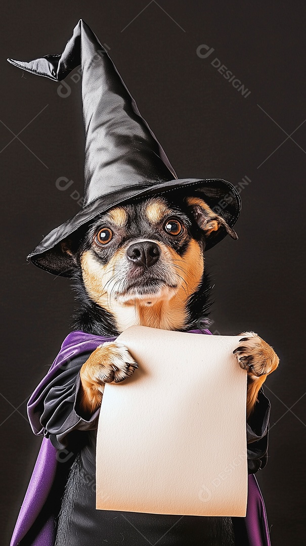 Lindo cachorrinho fantasiado segurando papel em branco sobre fundo isolado