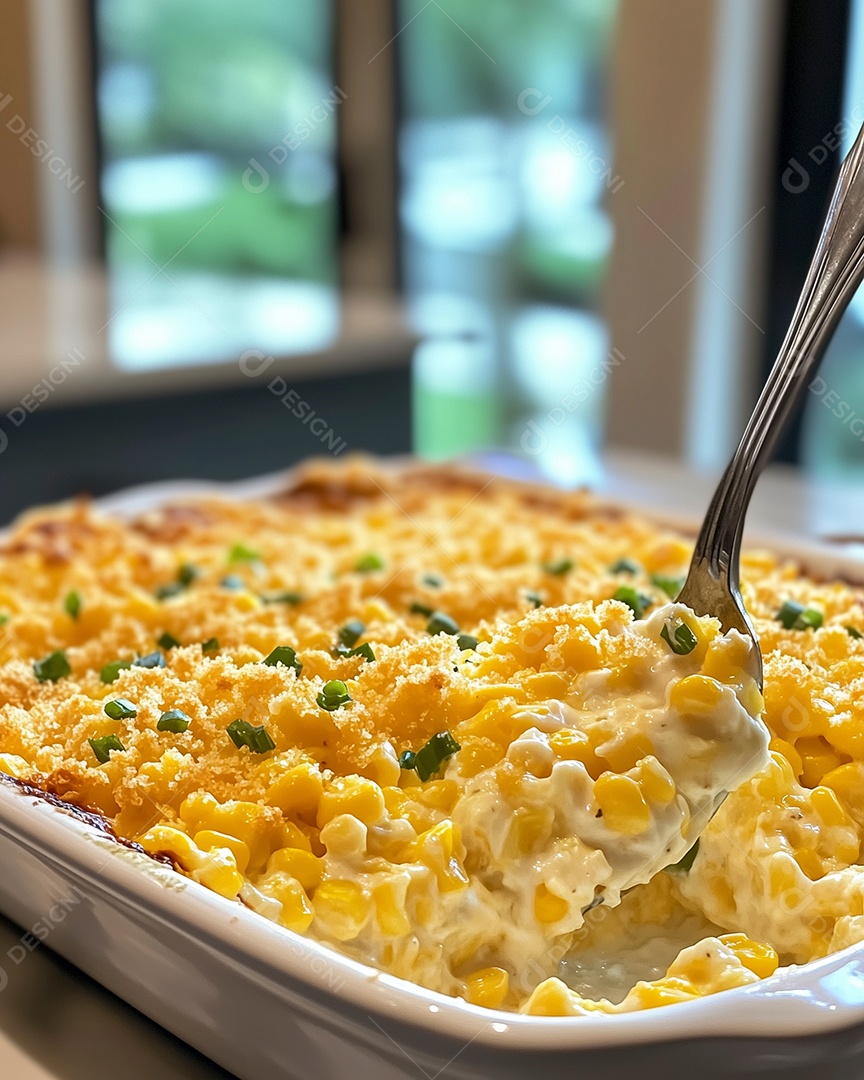 Delícioso creme de milho gratinado em uma travessa sobre mesa de madeira