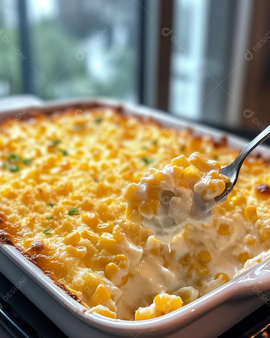 Delícioso creme de milho gratinado em uma travessa sobre mesa de madeira