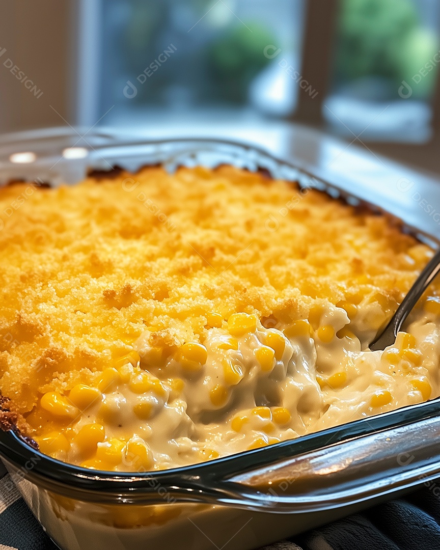 Delícioso creme de milho gratinado em uma travessa sobre mesa de madeira