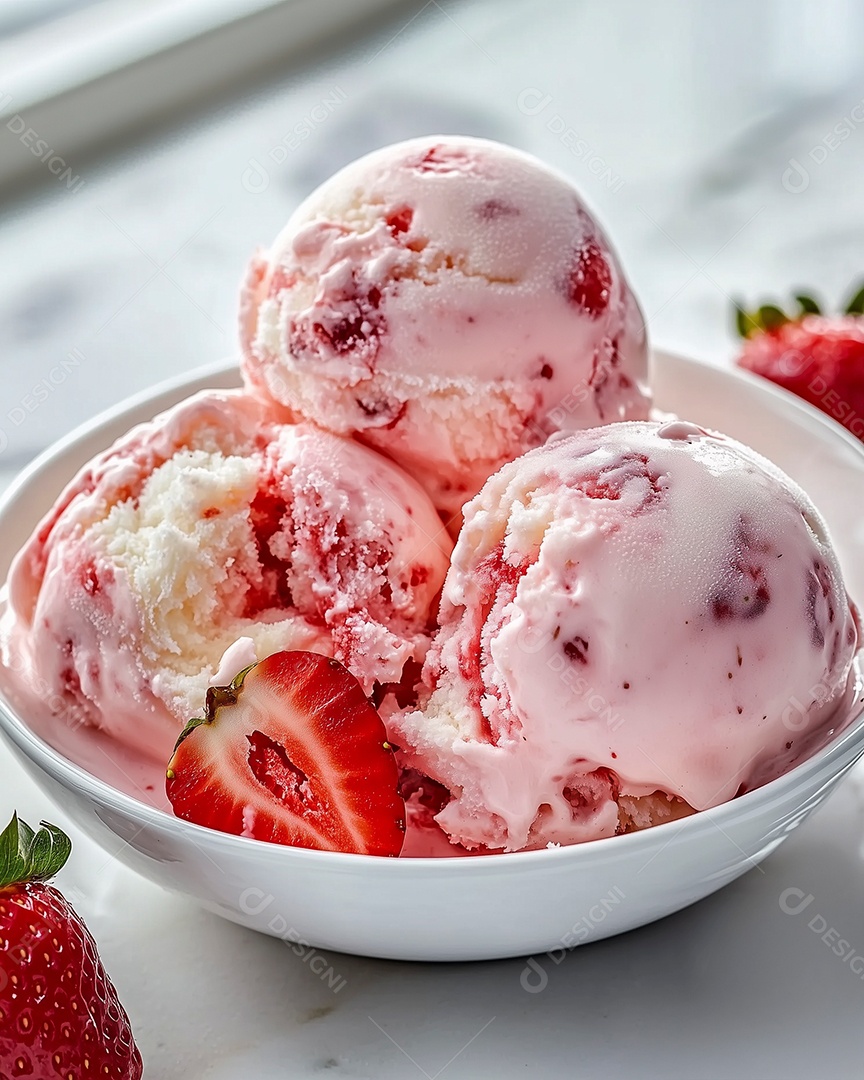 Belas bolas de sorve de morango em tijela sobre mesa de marmore
