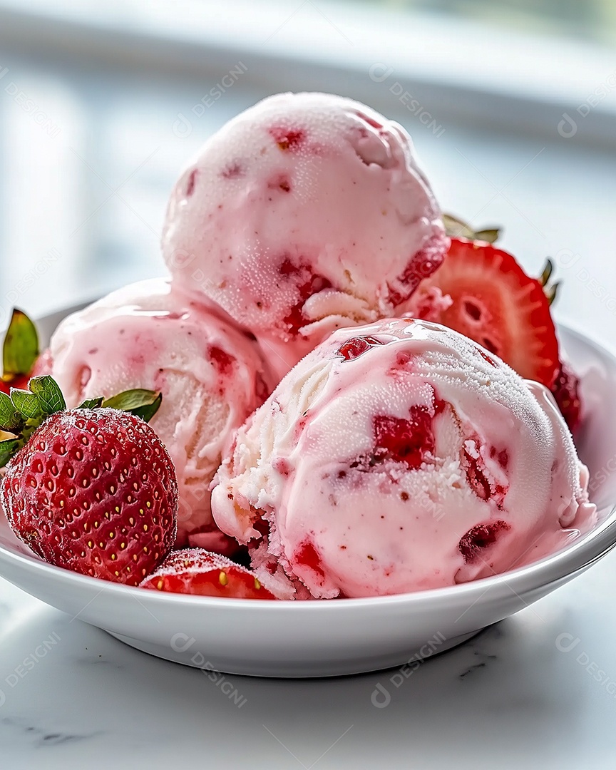 Belas bolas de sorve de morango em tijela sobre mesa de marmore