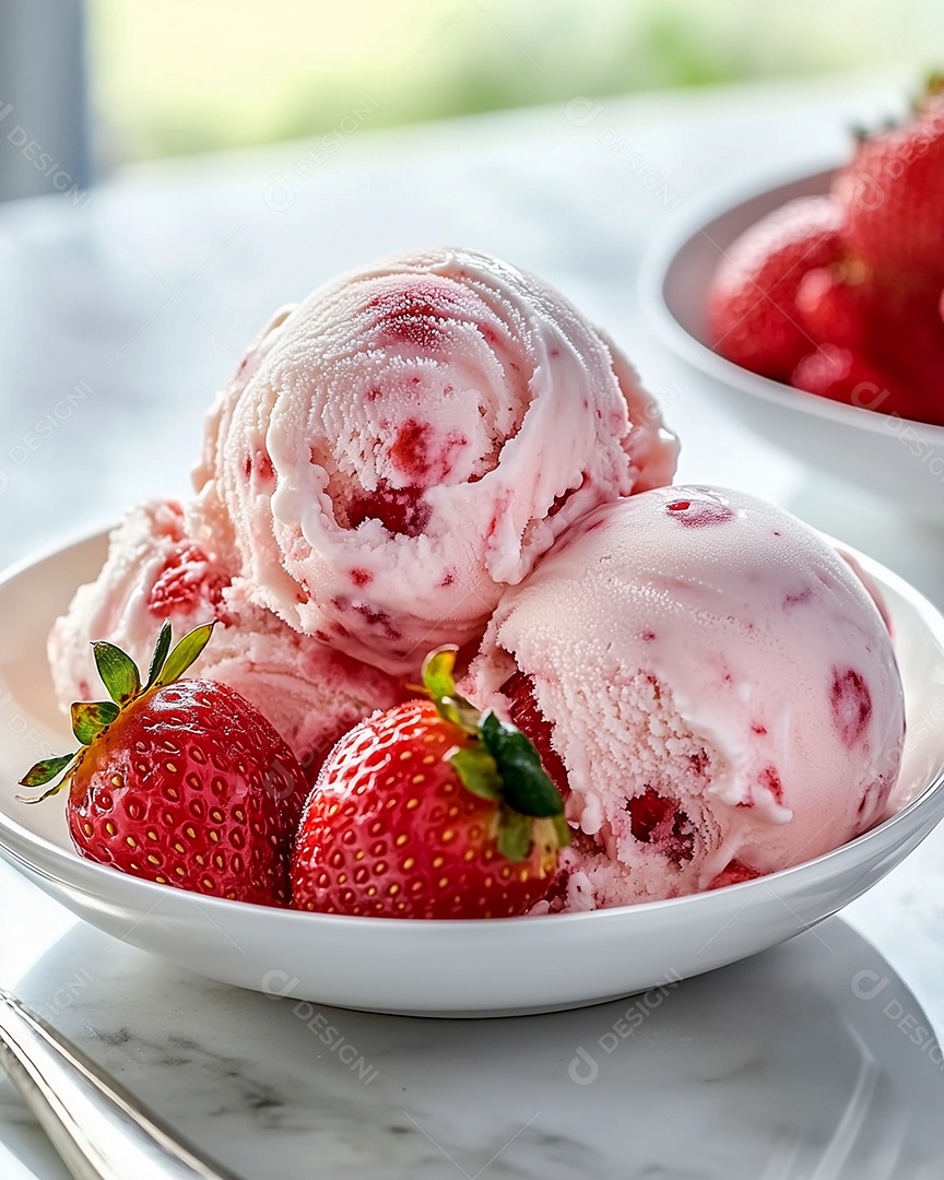 Belas bolas de sorve de morango em tijela sobre mesa de marmore