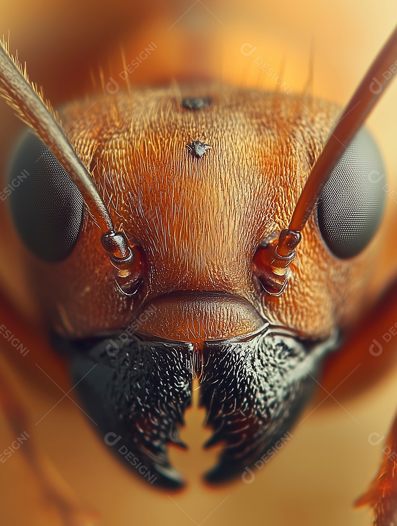 Linda visão aproximada da face de uma formiga sobre fundo isolado