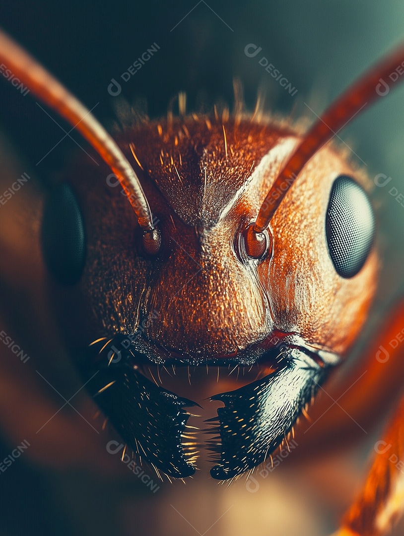 Linda visão aproximada da face de uma formiga sobre fundo isolado