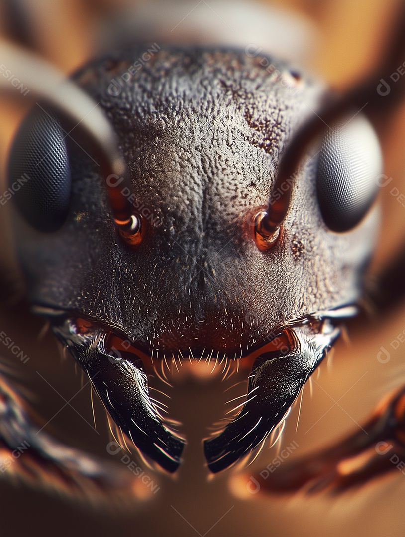 Linda visão aproximada da face de uma formiga sobre fundo isolado